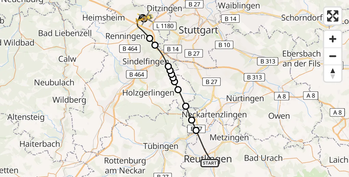 Flugroute Rettungshubschrauber Reutlingen - Leonberg Hospital, 11 April 2026, 14:40