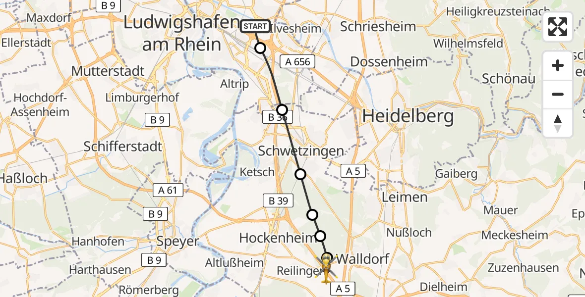 Flugroute Rettungshubschrauber Mannheim-City Flughafen - Walldorf, 11 April 2026, 14:45