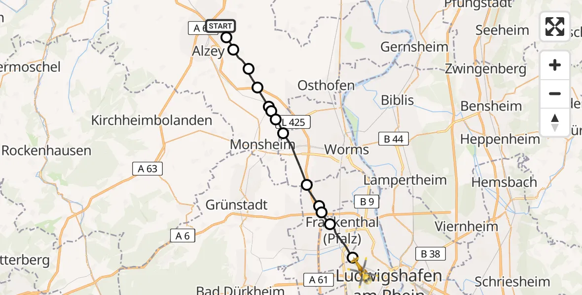 Flugroute Rettungshubschrauber Albig - Ludwigshafen Accident Hospital, 11 April 2026, 14:48