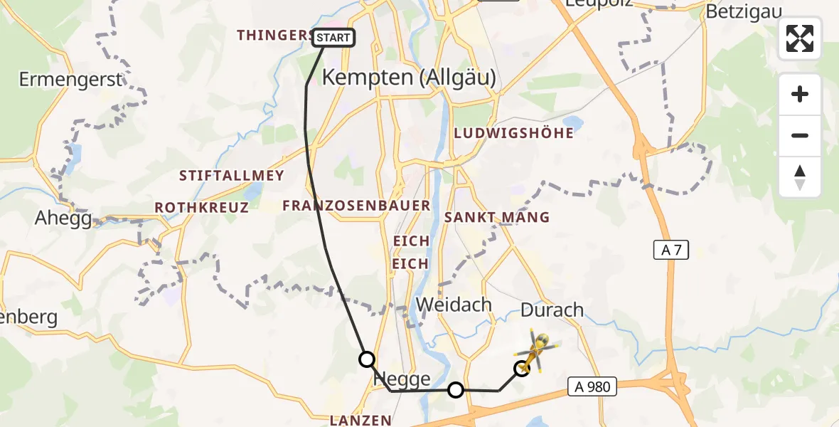 Flugroute Rettungshubschrauber Kempten (Allgäu) - Kempten-Durach Flugplatz, 11 April 2026, 14:49