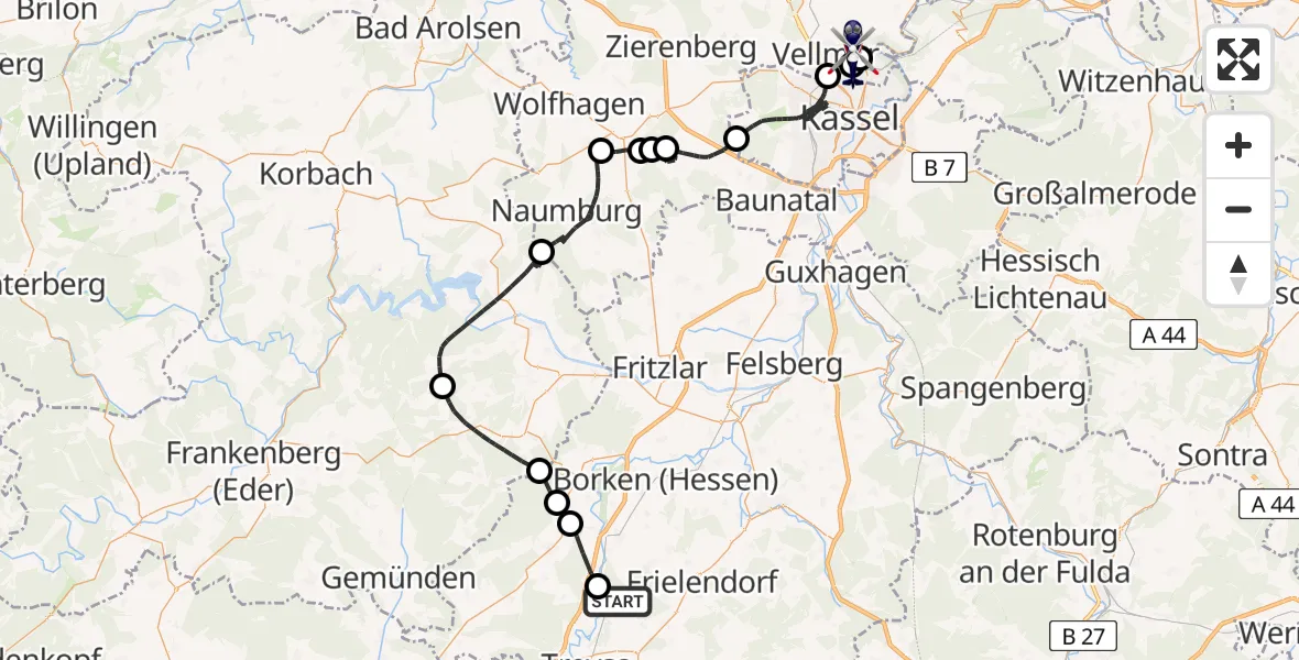 Flugroute Polizeihubschrauber Schwalmstadt - Fuldatal Bundespolizei Hubschrauberlandeplatz, 11 April 2026, 14:52