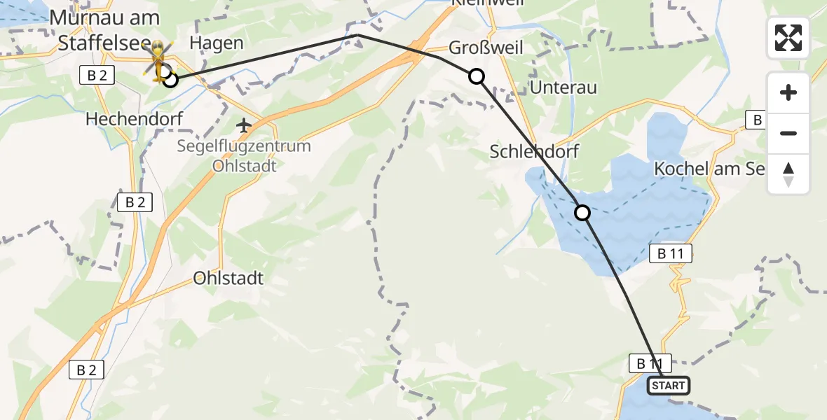 Flugroute Rettungshubschrauber Kochel a.See - Murnau Accident Hospital, 11 April 2026, 15:02