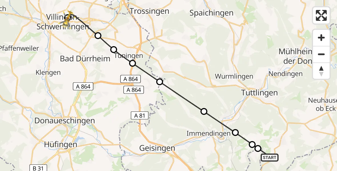 Flugroute Rettungshubschrauber Emmingen-Liptingen - DRF Air Rescue Station Villingen-Schwenningen Hubschrauberlandeplatz (Christoph 11), 11 April 2026, 15:02