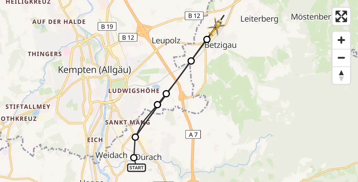 Flugroute Rettungshubschrauber Kempten-Durach Flugplatz - Betzigau, 11 April 2026, 15:04