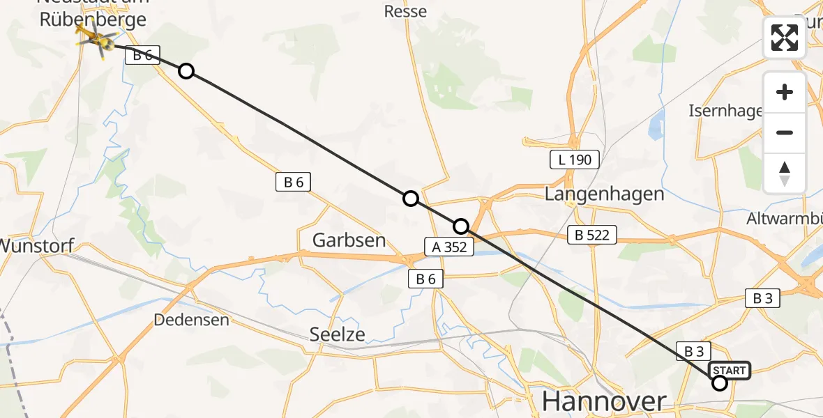 Flugroute Rettungshubschrauber Hannover Luftrettung Hubschrauberlandeplatz (Christoph 4) - Neustadt am Rübenberge, 11 April 2026, 15:10