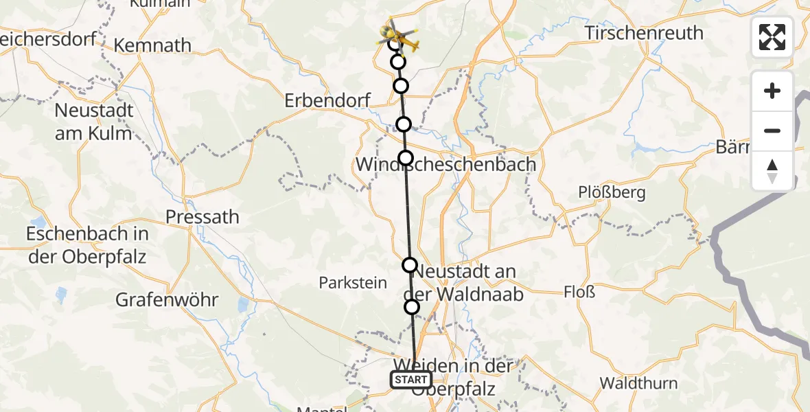 Flugroute Rettungshubschrauber Weiden i.d.OPf. - Friedenfels, 11 April 2026, 15:11
