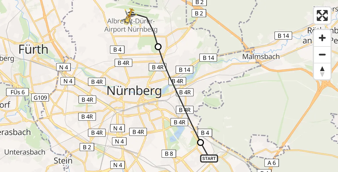 Flugroute Rettungshubschrauber Nürnberg South Hospital - Flughafen Nuremberg, 11 April 2026, 15:21