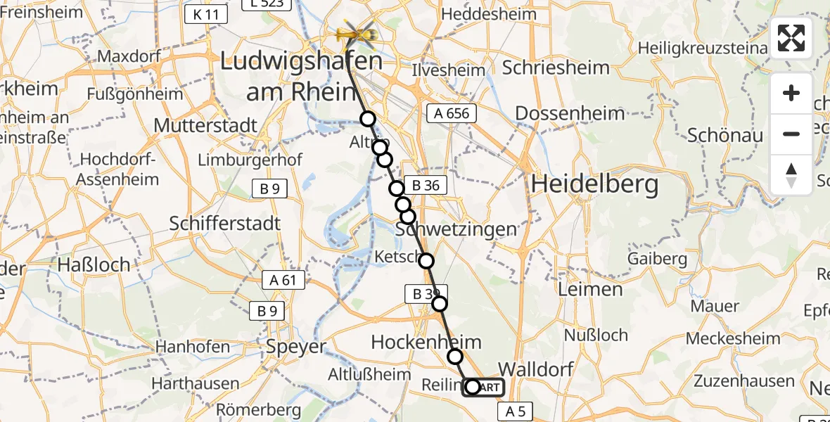 Flugroute Rettungshubschrauber Walldorf - Mannheim, 11 April 2026, 15:29