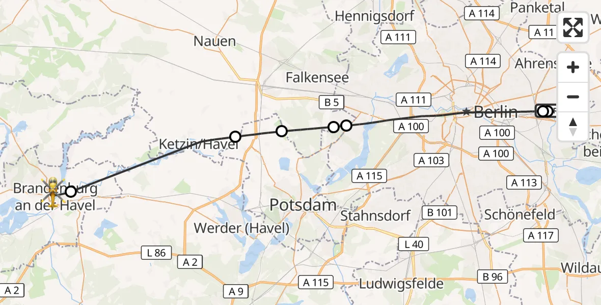 Flugroute Rettungshubschrauber Berlin Emergency Hospital - Brandenburg an der Havel, 11 April 2026, 15:38