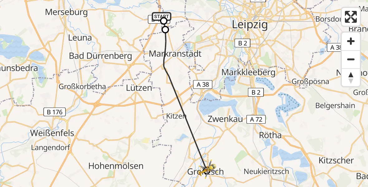 Flugroute Rettungshubschrauber ADAC Air Rescue Station Leipzig/Schkeuditz-Dölzig Hubschrauberlandeplatz (Christoph 61) - Groitzsch, 11 April 2026, 15:48