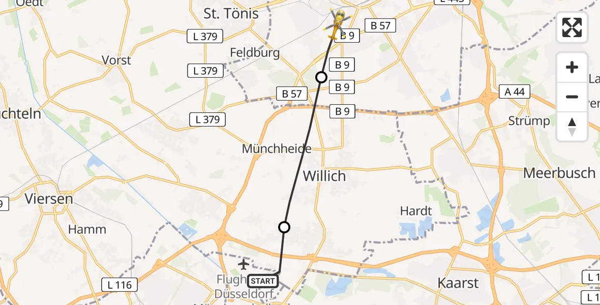Flugroute Rettungshubschrauber Mönchengladbach Flughafen - Krefeld, 11 April 2026, 15:49