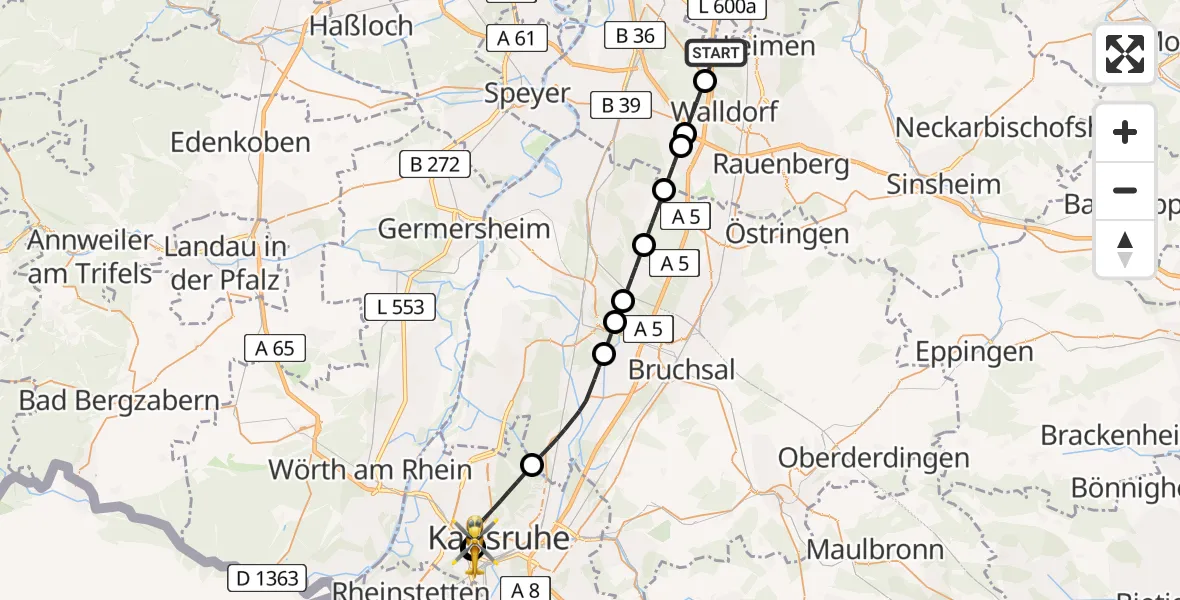 Flugroute Rettungshubschrauber Sandhausen - Sankt Vincentius Hospital, 11 April 2026, 15:57