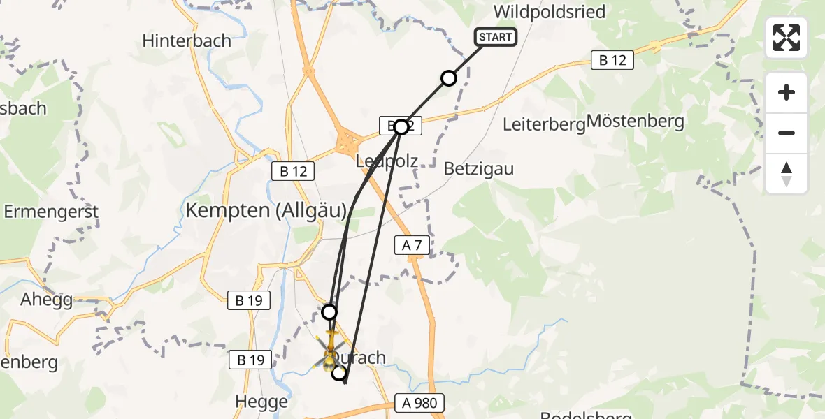 Flugroute Rettungshubschrauber Betzigau - Durach, 11 April 2026, 15:59