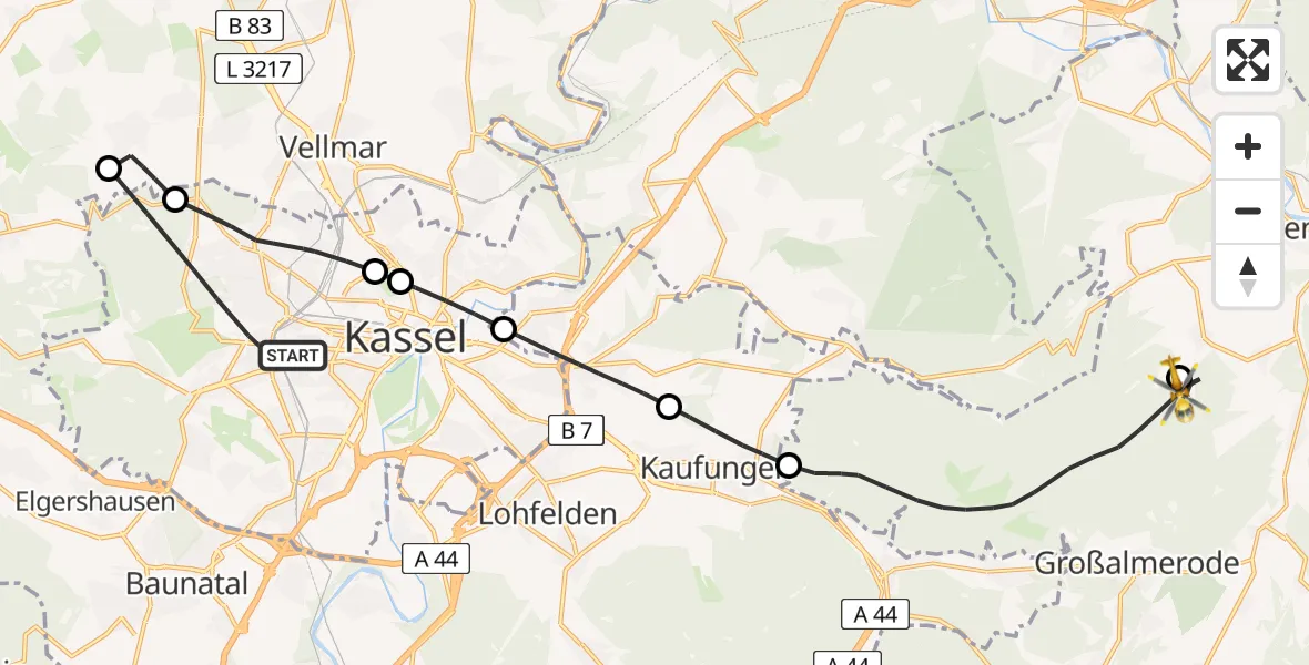 Flugroute Rettungshubschrauber Kassel - Gutsbezirk Kaufunger Wald, 11 April 2026, 16:02
