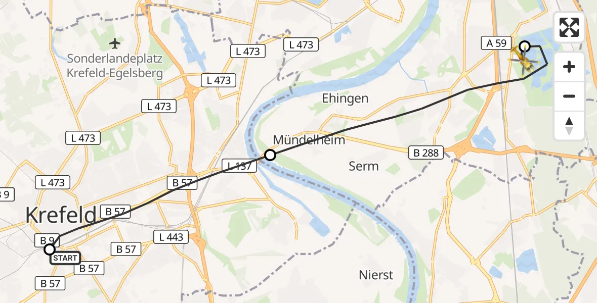 Flugroute Rettungshubschrauber Helios Clinic Krefeld - Duisburg Air Rescue Hubschrauberlandeplatz (Christoph 9), 11 April 2026, 16:12