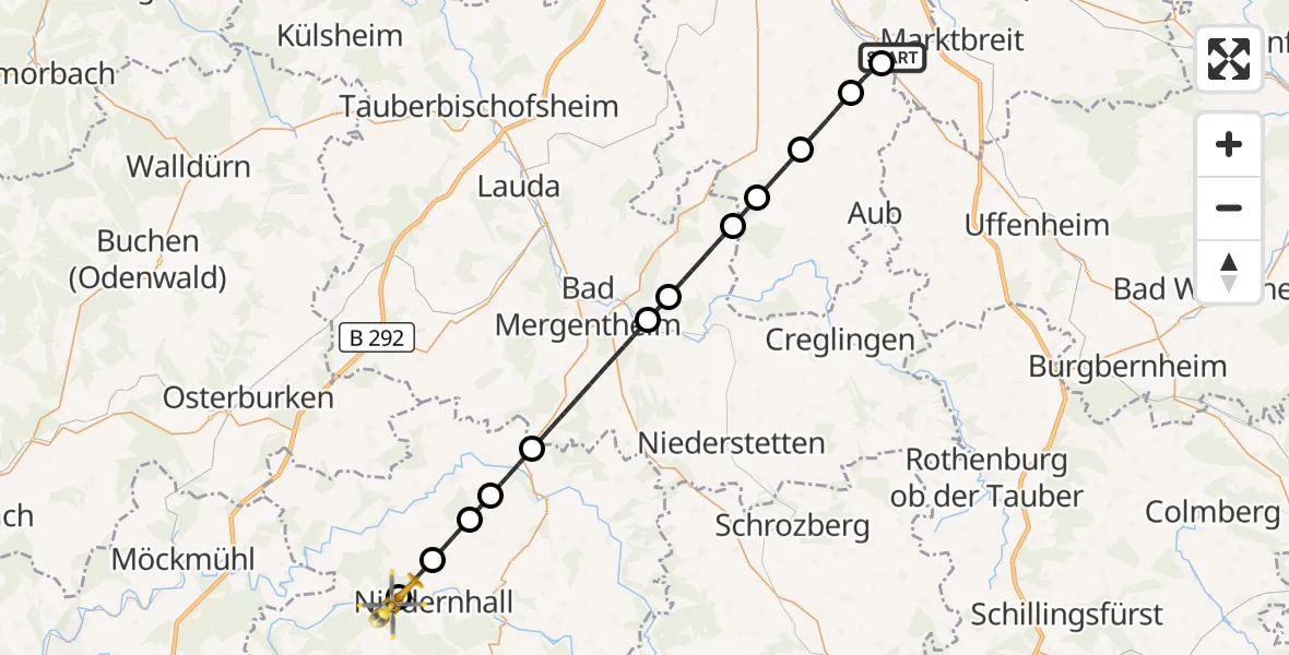 Flugroute Rettungshubschrauber Ochsenfurt Hospital - Forchtenberg, 11 April 2026, 16:16