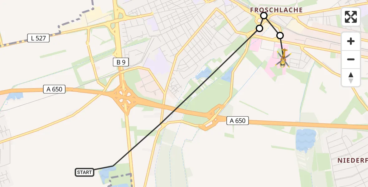 Flugroute Rettungshubschrauber Ludwigshafen am Rhein - Ludwigshafen Accident Hospital, 11 April 2026, 16:20
