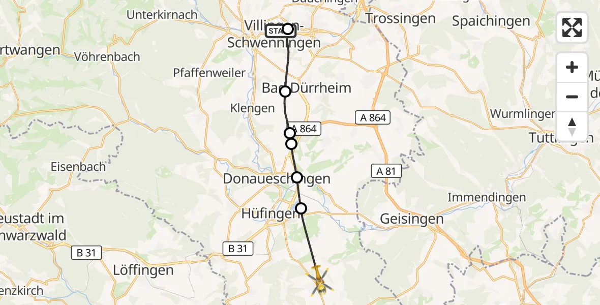 Flugroute Rettungshubschrauber DRF Air Rescue Station Villingen-Schwenningen Hubschrauberlandeplatz (Christoph 11) - Blumberg, 11 April 2026, 16:40