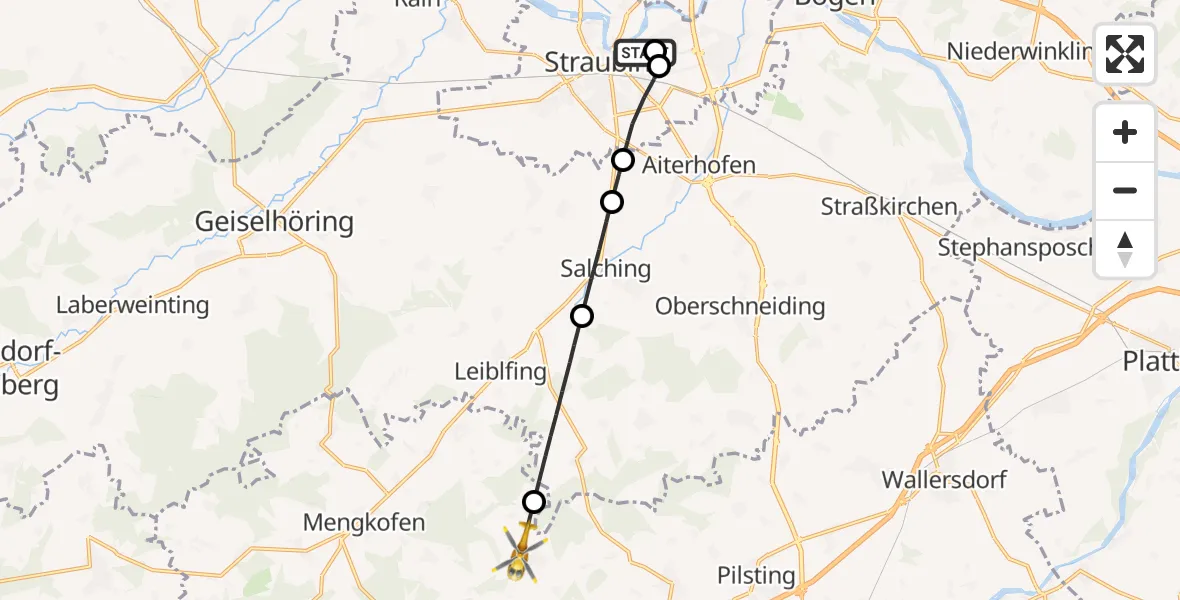 Flugroute Rettungshubschrauber Sankt Elisabeth Hospital Straubing - Moosthenning, 11 April 2026, 16:40
