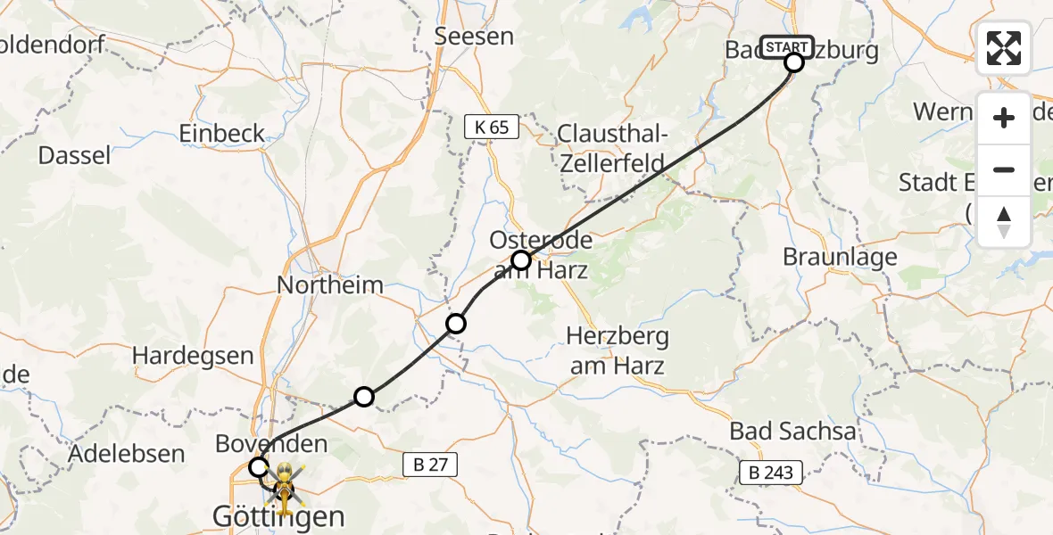 Flugroute Rettungshubschrauber Bad Harzburg - Göttingen University Clinic Hubschrauberlandeplatz, 11 April 2026, 16:42