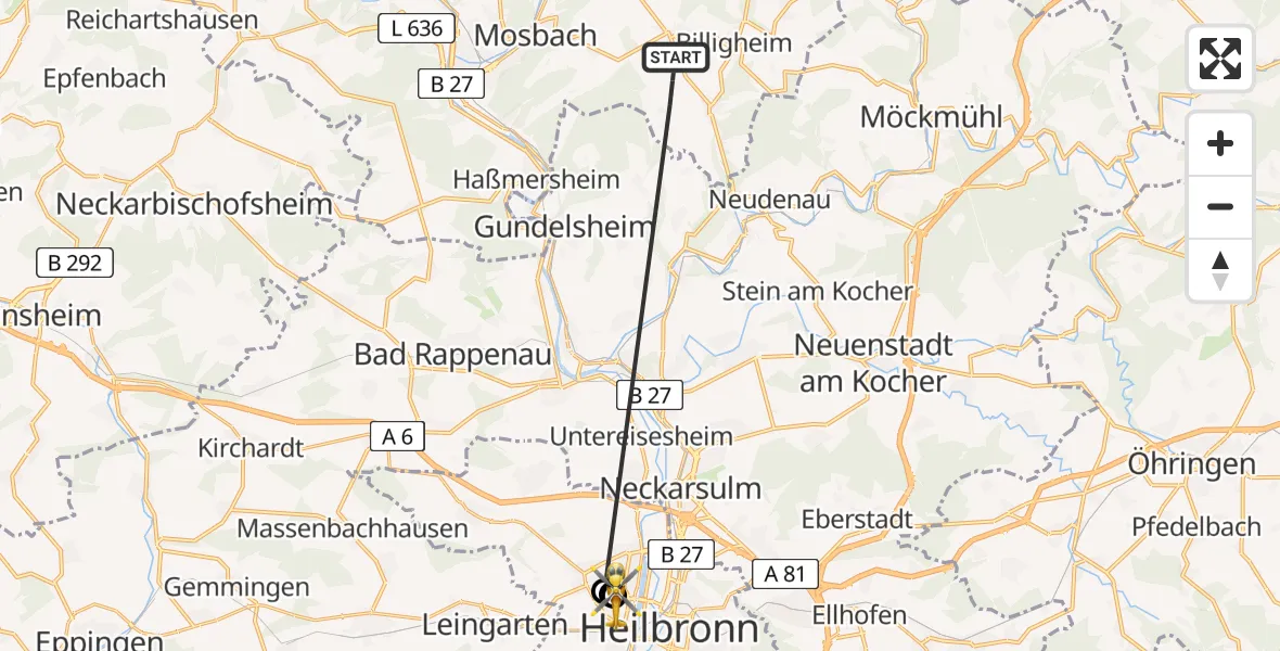Flugroute Rettungshubschrauber Billigheim - Heilbronn Hospital, 11 April 2026, 16:46