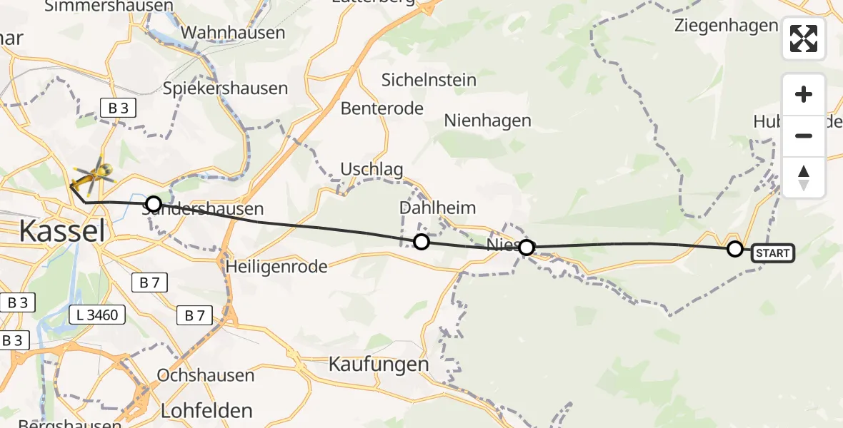 Flugroute Rettungshubschrauber Gutsbezirk Kaufunger Wald - Kassel, 11 April 2026, 16:52