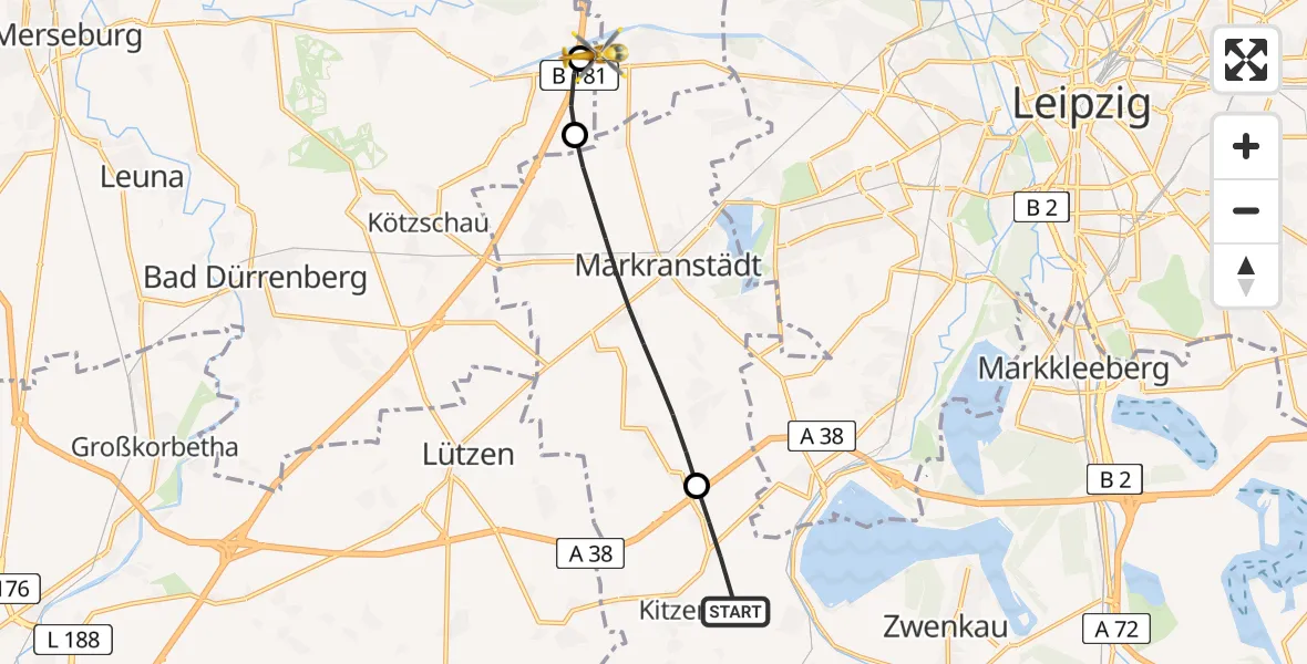 Flugroute Rettungshubschrauber Pegau - ADAC Air Rescue Station Leipzig/Schkeuditz-Dölzig Hubschrauberlandeplatz (Christoph 61), 11 April 2026, 16:52