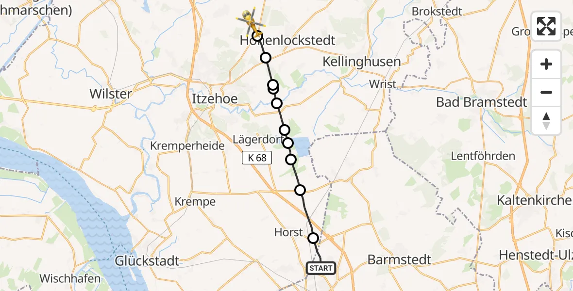 Flugroute Rettungshubschrauber Klein Offenseth-Sparrieshoop - Hohenlockstedt, 11 April 2026, 16:52