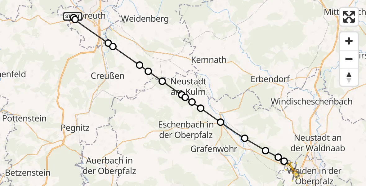 Flugroute Rettungshubschrauber Bayreuth Hospital - Weiden i.d.OPf., 11 April 2026, 16:58