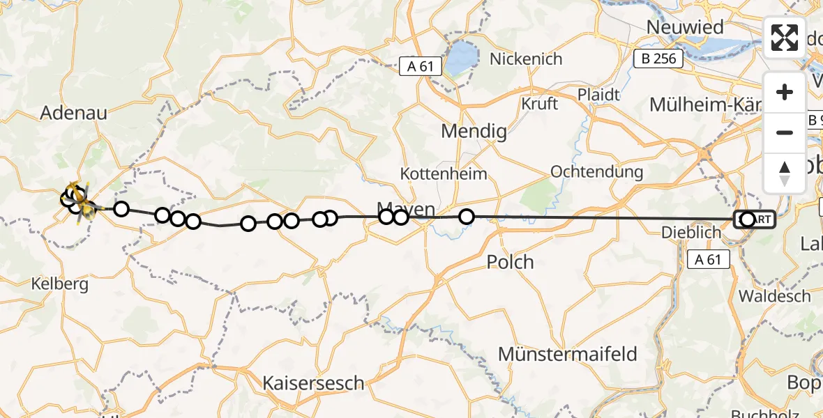 Flugroute Ambulanzhubschrauber Koblenz-Winningen Flugplatz - Nürburgring Hubschrauberlandeplatz, 11 April 2026, 17:15
