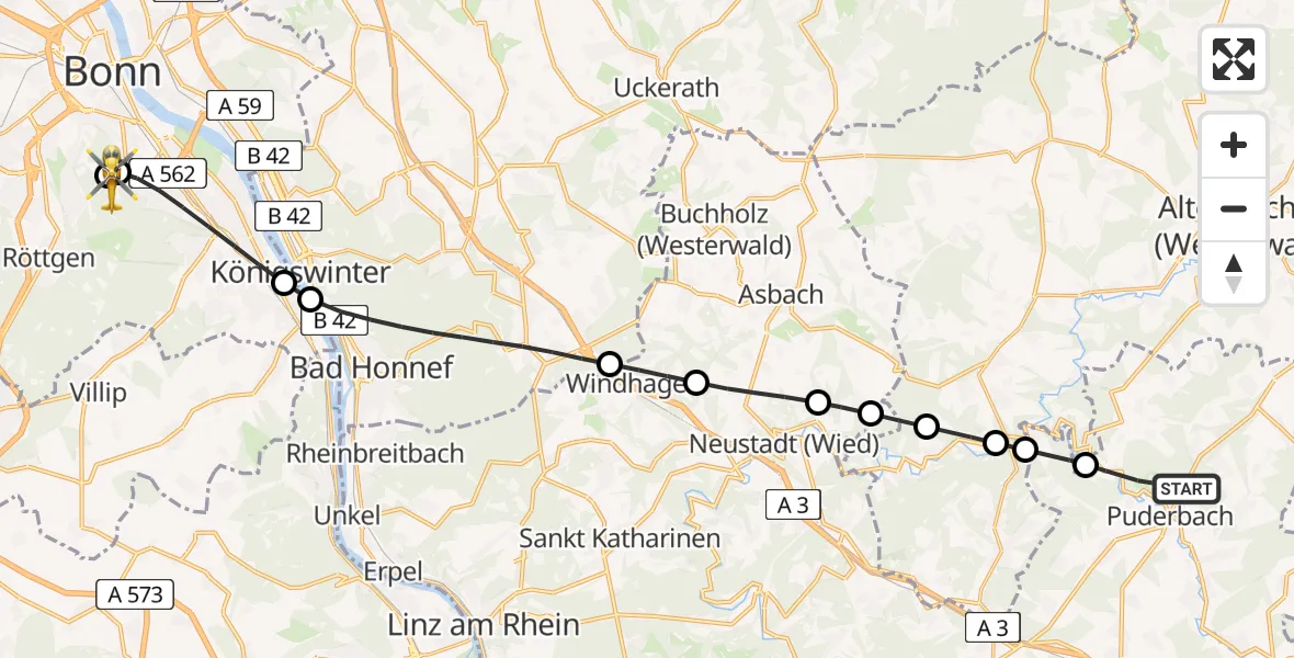 Flugroute Rettungshubschrauber Puderbach - Bonn University Hospital, 11 April 2026, 17:15