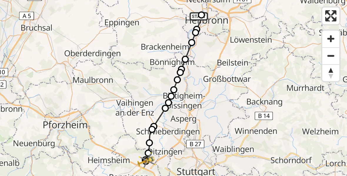 Flugroute Rettungshubschrauber Heilbronn Hospital - Leonberg Hospital, 11 April 2026, 17:27