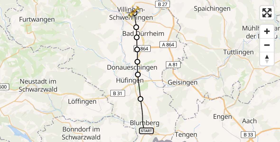 Flugroute Rettungshubschrauber Blumberg - DRF Air Rescue Station Villingen-Schwenningen Hubschrauberlandeplatz (Christoph 11), 11 April 2026, 17:32
