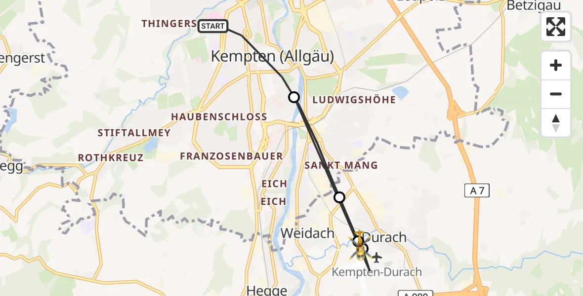 Flugroute Rettungshubschrauber Kempten (Allgäu) - Kempten-Durach Flugplatz, 11 April 2026, 17:36