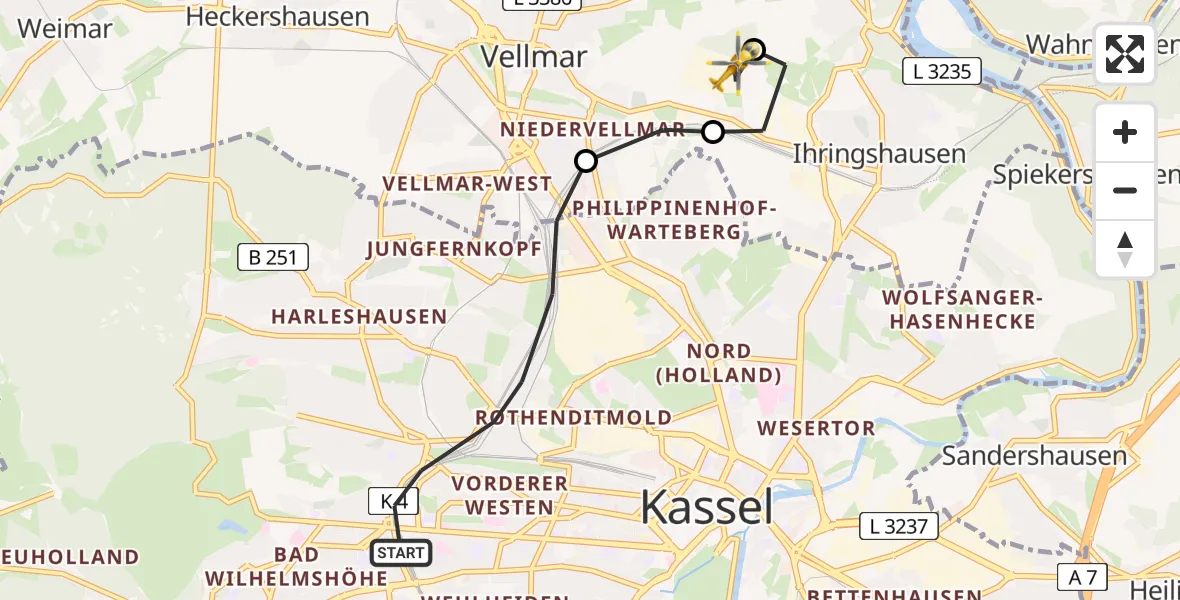 Flugroute Rettungshubschrauber Kassel - Fuldatal Bundespolizei Hubschrauberlandeplatz, 11 April 2026, 18:12