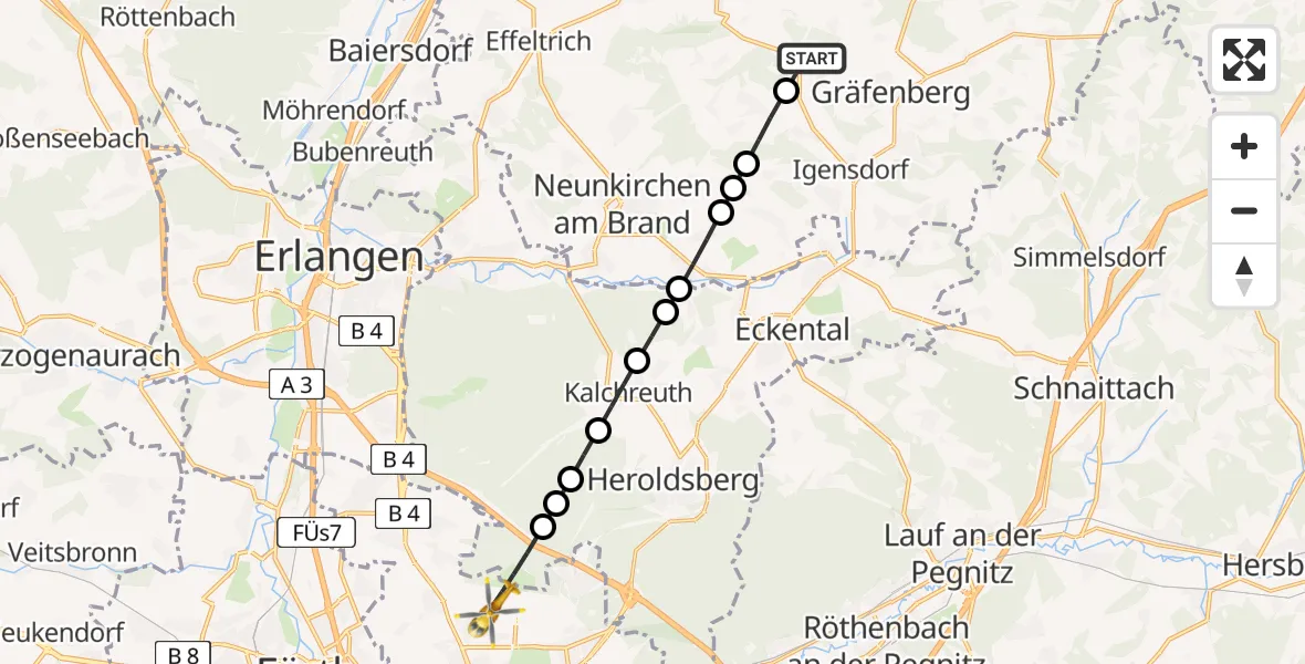 Flugroute Rettungshubschrauber Gräfenberg - Flughafen Nuremberg, 11 April 2026, 18:13