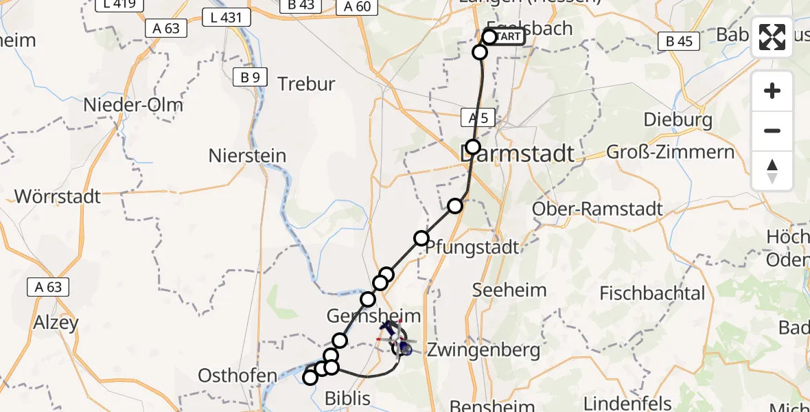 Flugroute Polizeihubschrauber Flughafen Frankfurt-Egelsbach - Gernsheim, 11 April 2026, 18:17