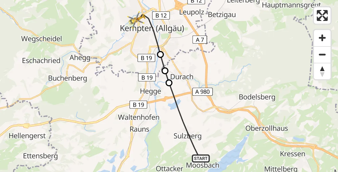 Flugroute Rettungshubschrauber Sulzberg - Kempten (Allgäu), 11 April 2026, 18:25