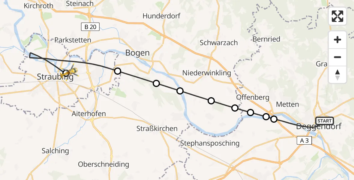 Flugroute Rettungshubschrauber Deggendorf - Sankt Elisabeth Hospital Straubing, 11 April 2026, 18:30