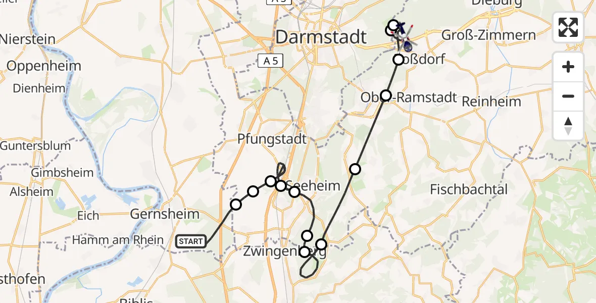 Flugroute Polizeihubschrauber Gernsheim - Roßdorf, 11 April 2026, 18:46
