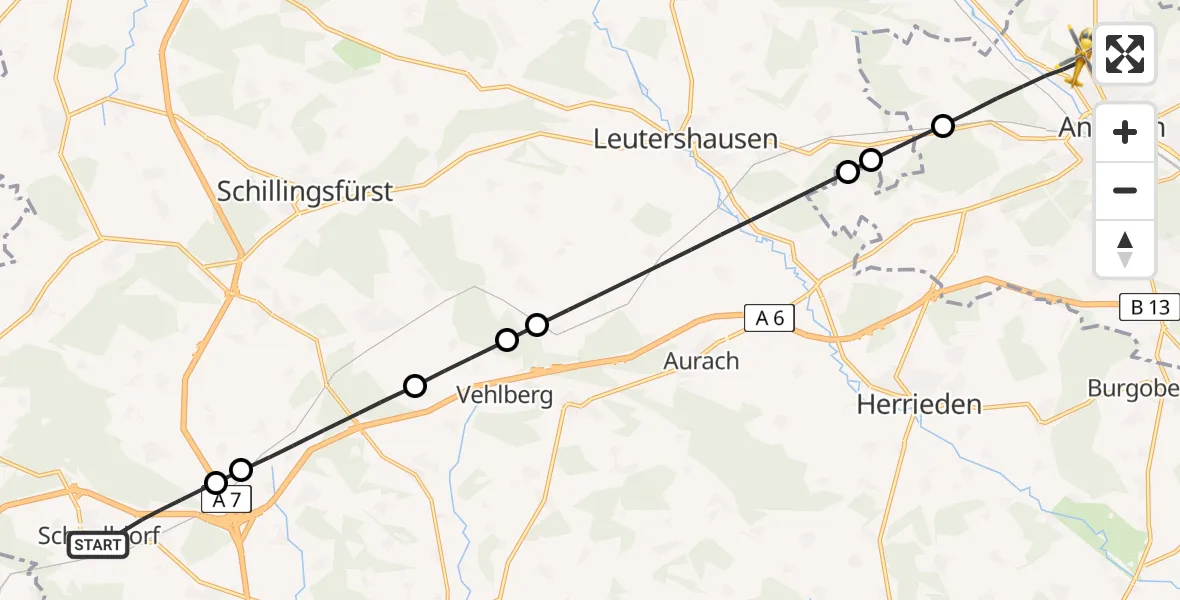 Flugroute Ambulanzhubschrauber Schnelldorf - Ansbach, 11 April 2026, 18:57
