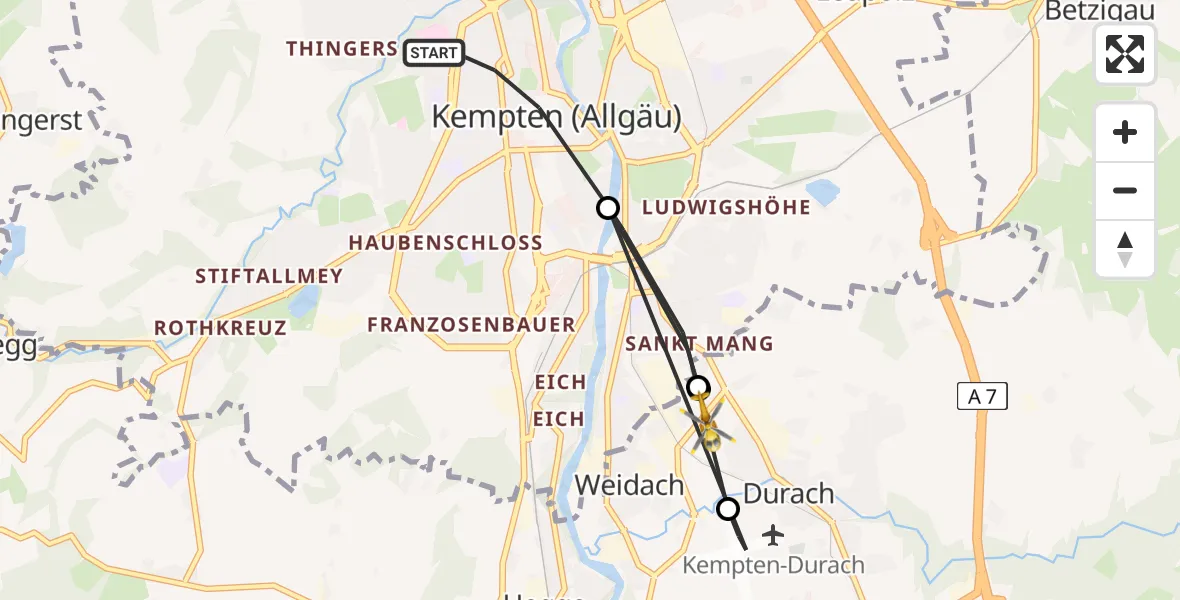 Flugroute Rettungshubschrauber Kempten (Allgäu) - Durach, 11 April 2026, 18:58