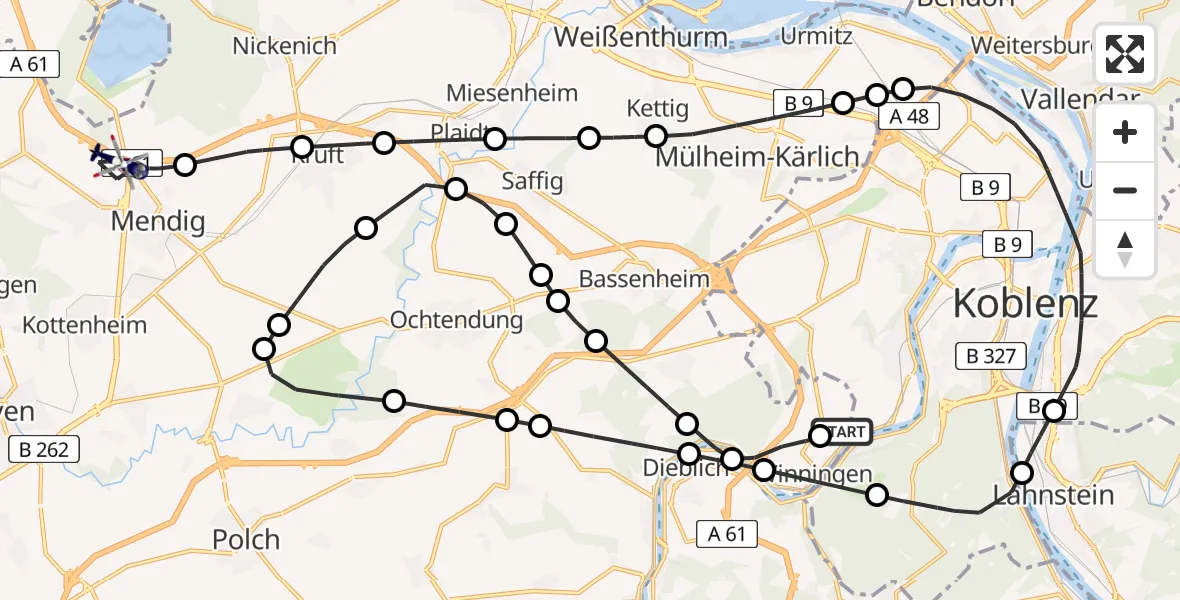 Flugroute Polizeihubschrauber Koblenz-Winningen Flugplatz - Mendig, 11 April 2026, 19:06