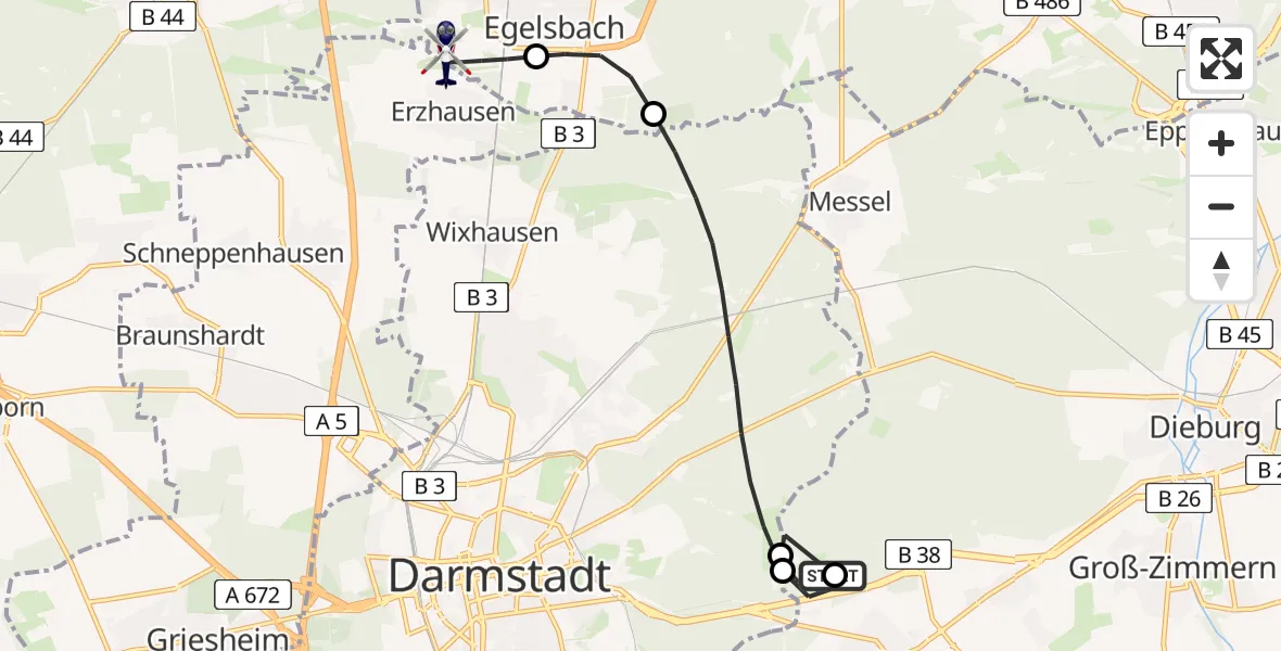 Flugroute Polizeihubschrauber Roßdorf - Flughafen Frankfurt-Egelsbach, 11 April 2026, 19:09