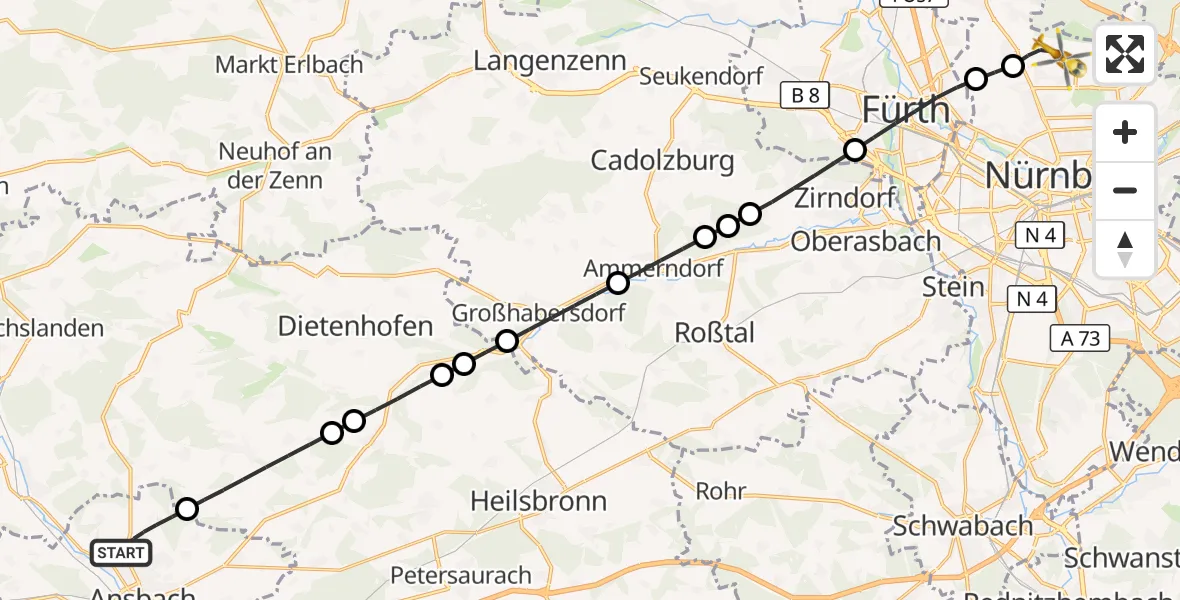 Flugroute Ambulanzhubschrauber Ansbach - Flughafen Nuremberg, 11 April 2026, 19:35