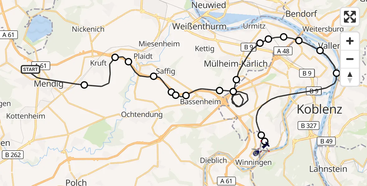 Flugroute Polizeihubschrauber Mendig - Koblenz-Winningen Flugplatz, 11 April 2026, 19:49