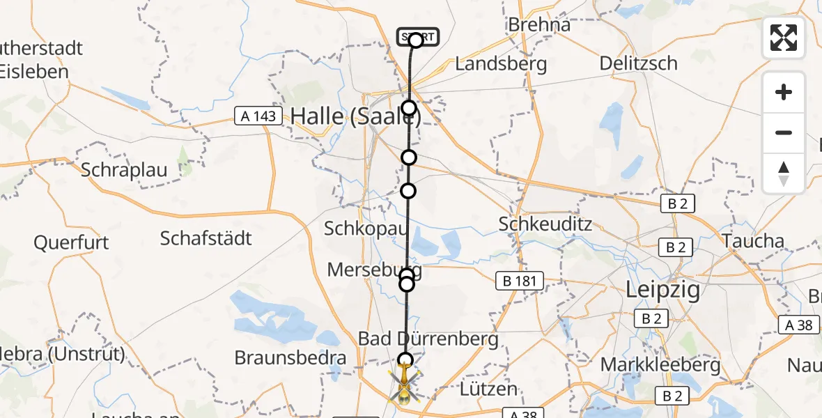 Flugroute Ambulanzhubschrauber Halle-Oppin Flugplatz - Weißenfels, 11 April 2026, 20:41