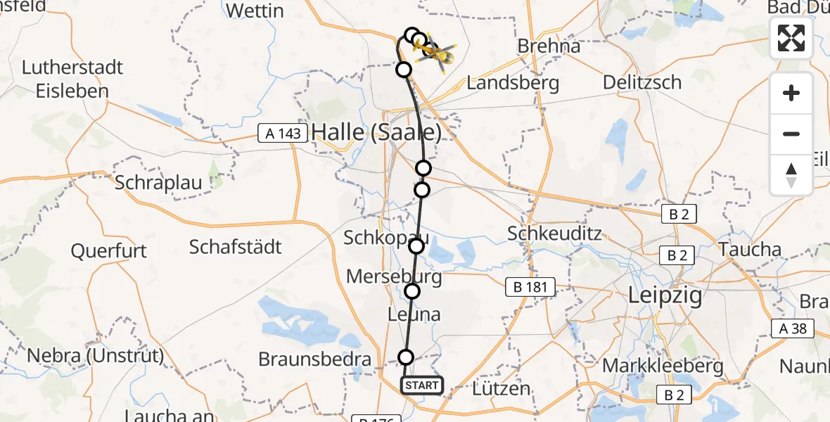 Flugroute Ambulanzhubschrauber Weißenfels - Halle-Oppin Flugplatz, 11 April 2026, 21:16