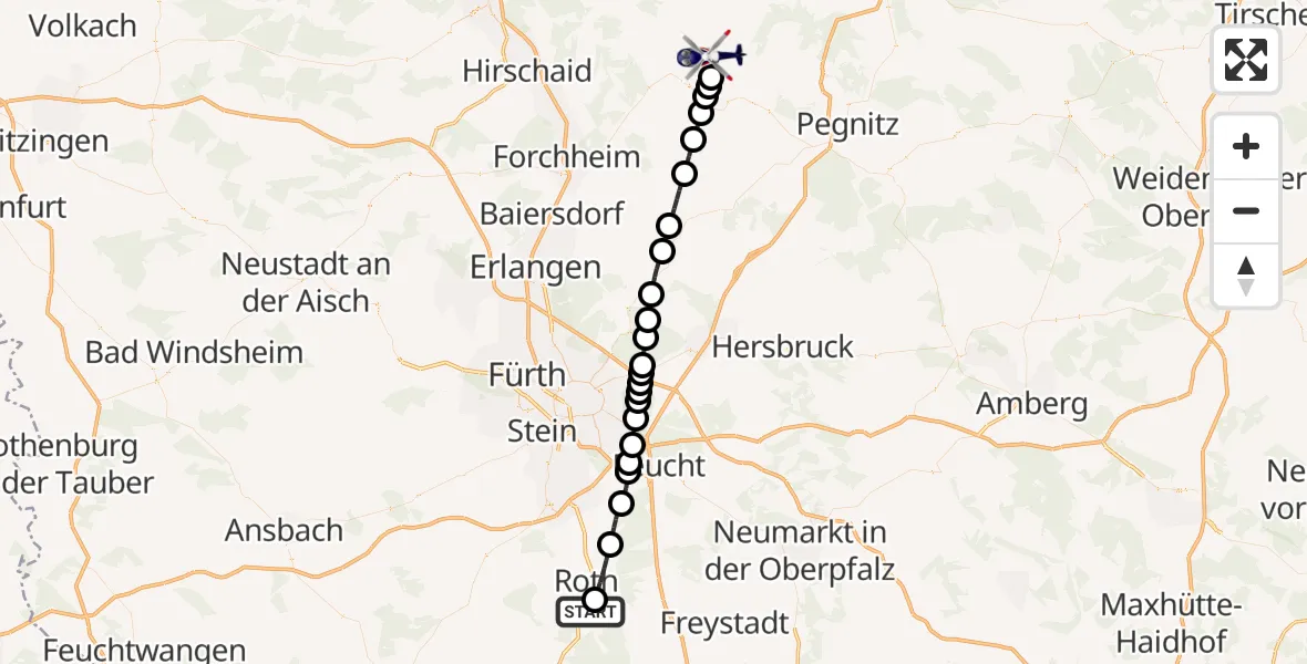 Flugroute Polizeihubschrauber Flugplatz Roth - Waischenfeld, 11 April 2026, 21:42