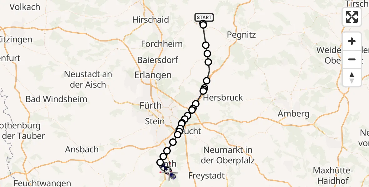 Flugroute Polizeihubschrauber Waischenfeld - Flugplatz Roth, 11 April 2026, 22:06